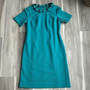Vintage Teal Short-Sleeve Sheath Dress with Decorative Neckline
